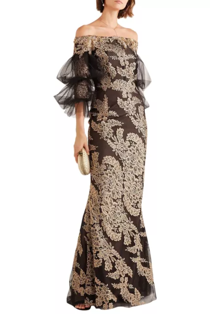 $7995 NEW Marchesa Off the Shoulder Embroidered Corded Beaded Tulle Gown Black 8