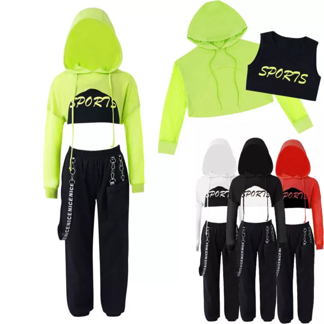 Set 3 pz abiti hip hop ragazze abito da ballo di strada bambini pantaloni con cappuccio tagliati