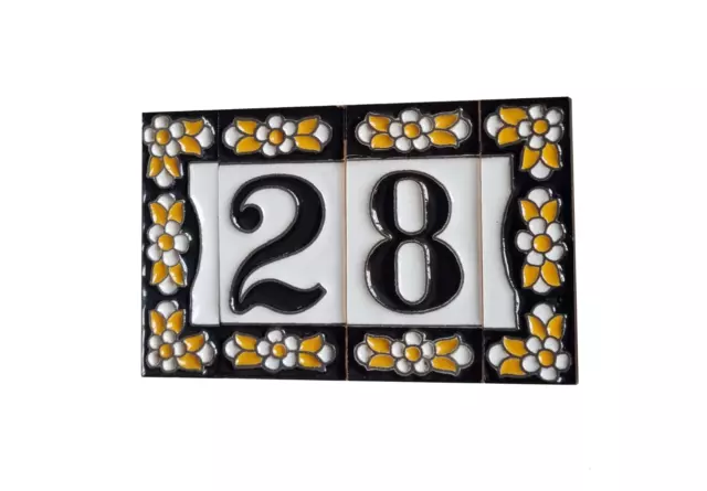 7.5 x 3.5cm Spanish Ceramic Black Floral Number Address Tiles & Metal Frames
