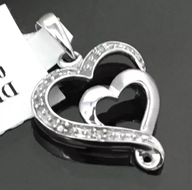 Ladies 10k 100% White Gold .20ct Genuine Real Diamond Double Heart Charm Pendant