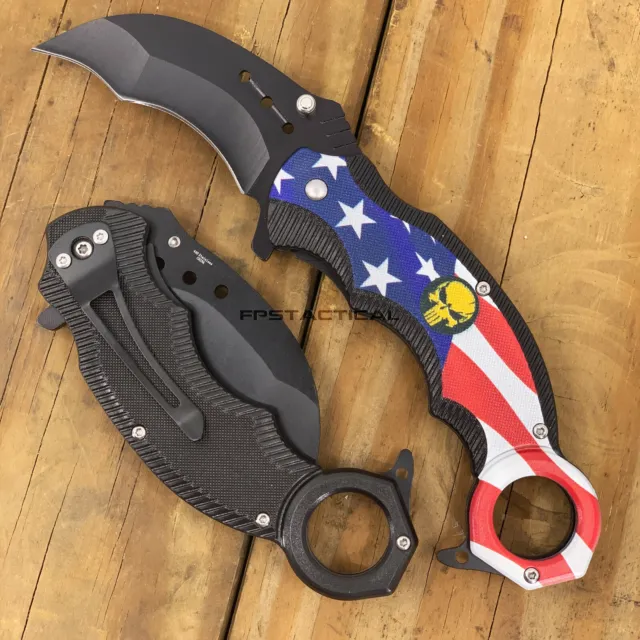 PacSol USA Flag Punisher Skull Stainless Spring Assist Karambit Knife Black G10