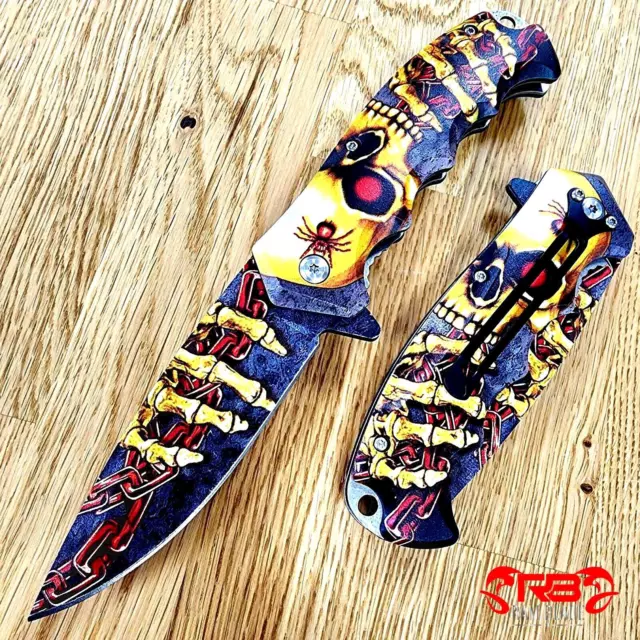 8" Skull SPRING ASSISTED Open FOLDING Black BLADE TACTICAL Pocket KNIFE EDC