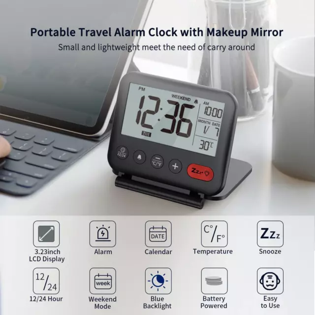 Réveil De Voyage Mini Horloge Numérique LCD Portable Avec Calendrier Rétroéclair 2