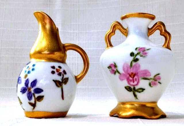 Pair Mini Bone China Vases Very Fine Handpainted #638