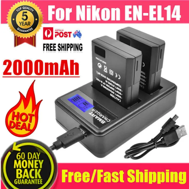 2X 2000mAh EN-EL14 Battery + USB Charger for Nikon D3100 D3200 D5100 P7000 P7800