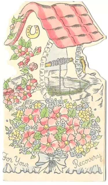 Vintage Greeting Card Die Cut Wishing Well Flowers McKenzies 1940s-1950s