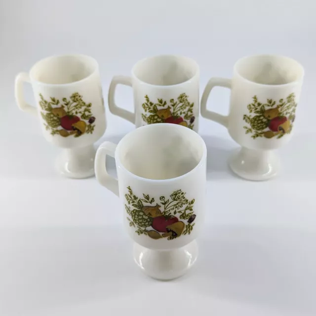 Spice of Life Vintage Milk Glass Pedestal Mugs Coffee Cups Corning Ware Set of 4