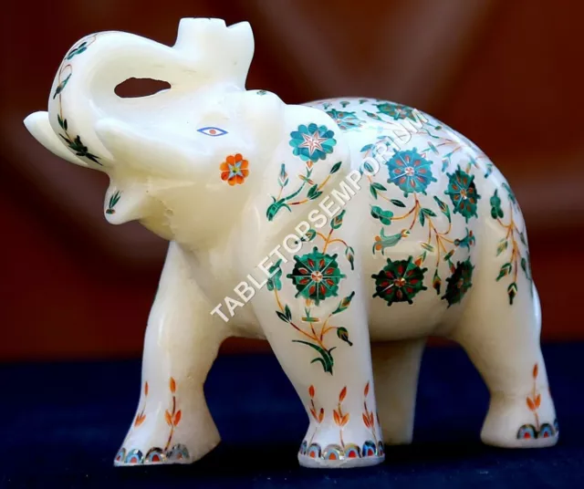 Escultura de elefante de mármol de 4 ", incrustaciones de malaquita, arte...