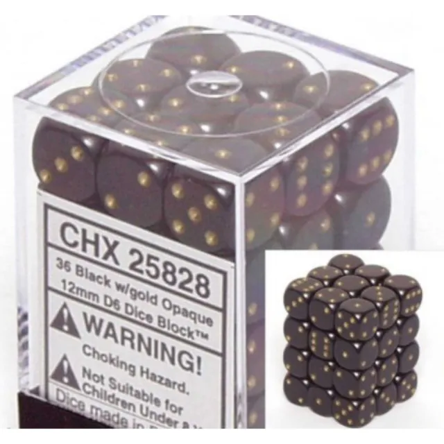 Set of 12mm D6 Dice (36): Black/Gold Opaque