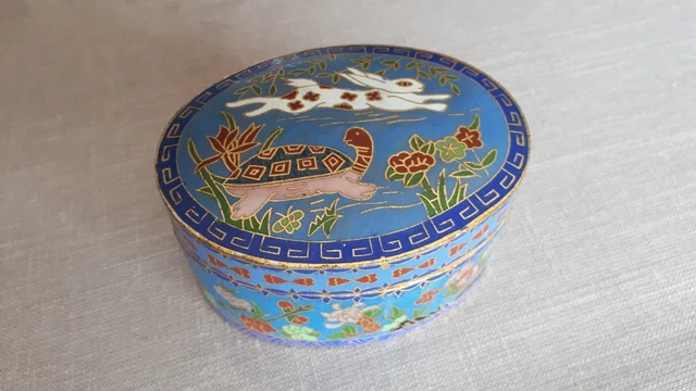 Boîte à Bijoux Vintage En Émail Cloisonné Bleu Cobalt Forme Cœur Avec Coq - Années 70 - Occasion