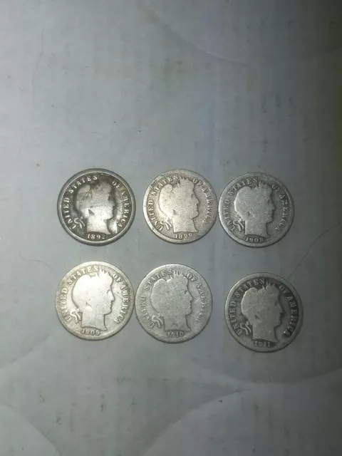 Lot Of 6 Different Barber  Silver Dimes