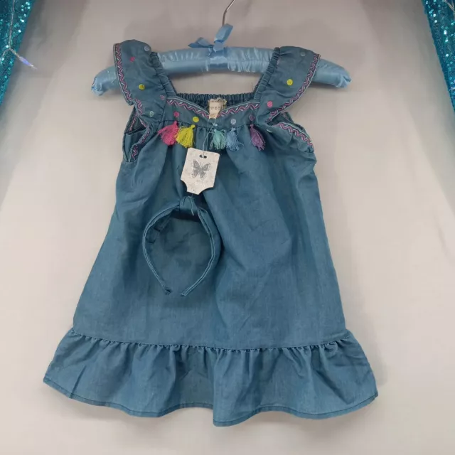 NWT BTWEEN Girls Chambray Denim Ruffle Babydoll Dress Size 4T Headband Tassles