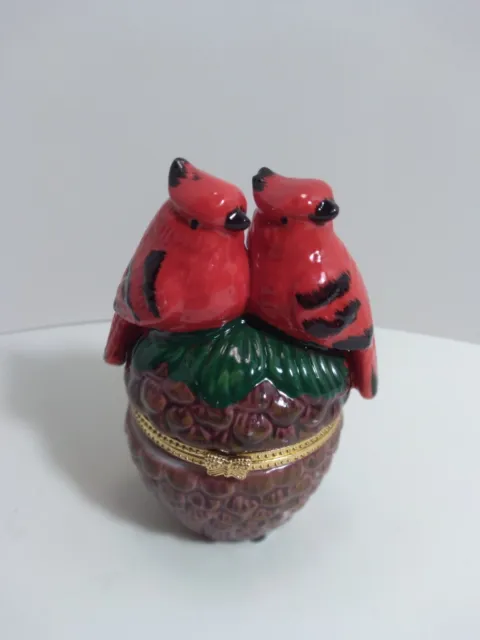 Handpainted Posing Red Cardinal Birds Small Porcelain Hinged Trinket Box