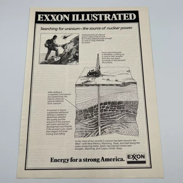 1978 Exxon Vintage Print Ad 8"x11" searching for uranium illustrated retro ad