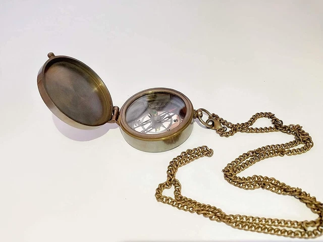 Vintage Brass Compass Pocket Gift Compass Flat Simple Compass With Chain & Case.