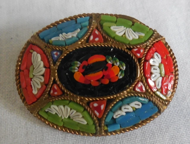 Broche XIXème En Micro Mosaïque Et Perles Monture Argent