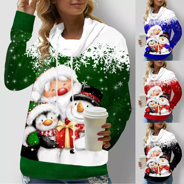 Donna Christmas Santa Manica Lunga Felpe con Cappuccio Pullover Maglione To ^