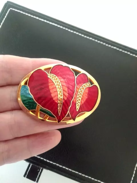 Vintage Jewellery Cloisonne Enamel Gold Tone Oval Shaped Flower Brooch Pin