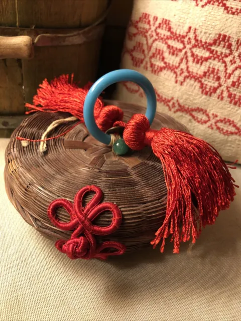 Antique Vintage Chinese Woven Wicker Sewing Basket Tassels Bakelite Ring Small