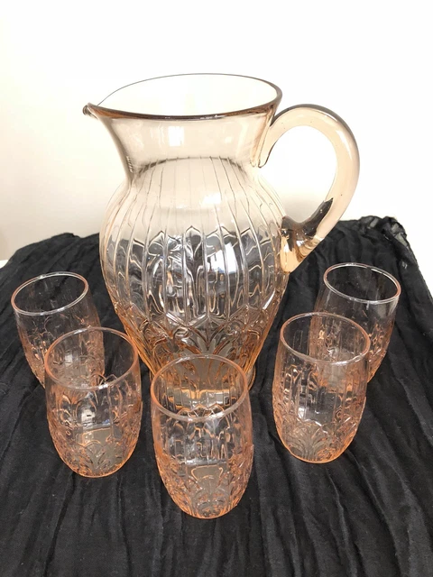 Pink Depression Glass Pitcher W/5 Matching Glasses! MacBeth-Evans (Crystal Leaf)