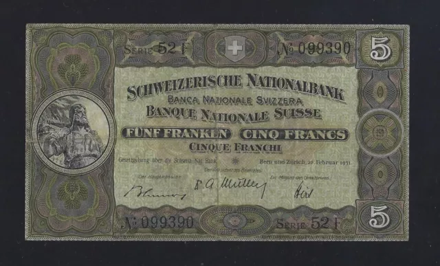 SWITZERLAND SUISSE 5 Franken  FRANCS 1951 P-11 VF