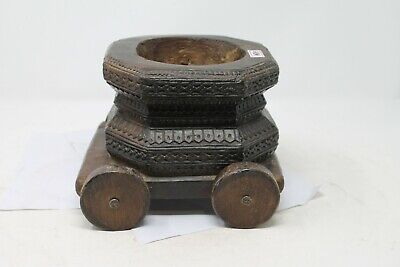 Antique Old Hand Carved Wooden Tribal Holy Bhasma / Ashes On Wheels Box NH6331