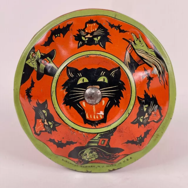 Kirchhof Halloween Noisemaker Rattle Tin Litho Black Scary Cat Green Witches