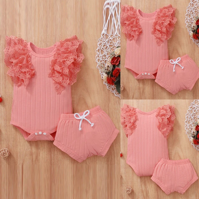 2PCS Newborn Baby Girls Lace Sleeveless Romper Bodysuit Jumpsuit Shorts Sets UK