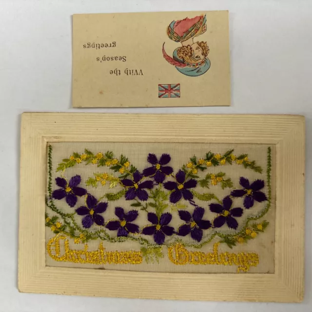 WW1 Silk Embroidered Violet Decorated Postcard & Inset “Christmas Greetings”