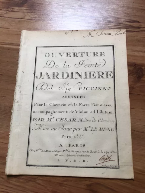 PICCINNI, Ouverture de la Feinte Jardinière partition Piano Clavecin chez Boyer