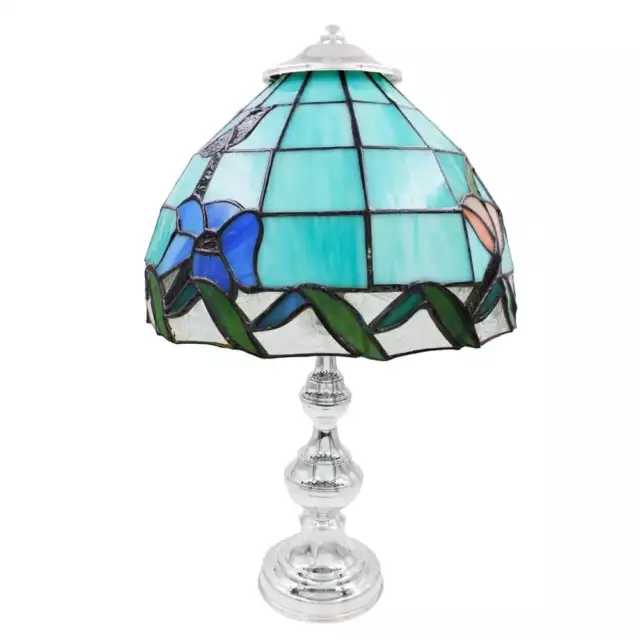 Lampada da Tavolo Stile Tiffany in Argento con Paralume in Vetro Decorato Turche