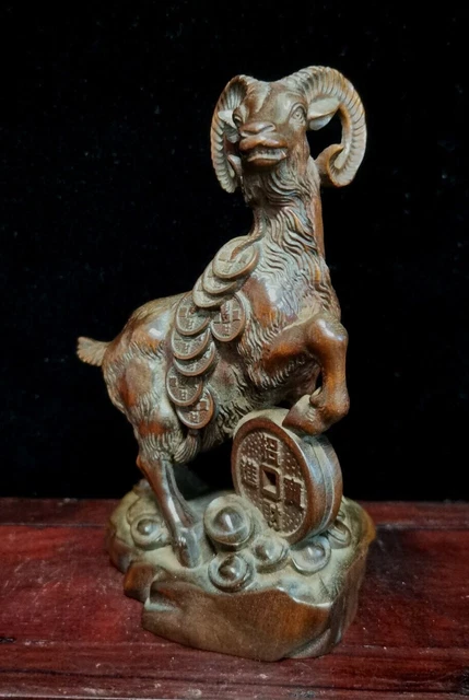 Rare China chinese Boxwood Wood Hand carved sheep fortune statue deck decor Art