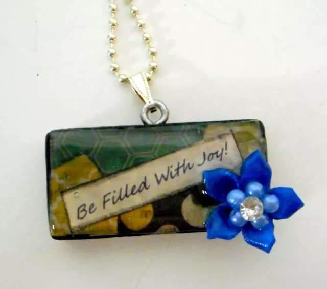 Be Filled WIth Joy Collage Domino Necklace Pendant Reclaimed Mixed Media Art