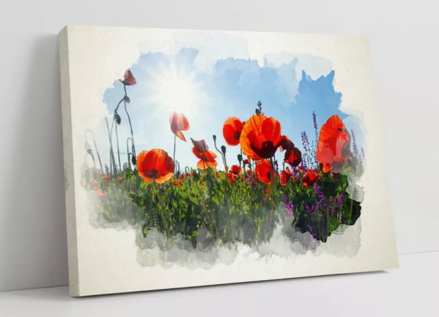 Poppy Field Landscape Watercolour Painting Effect -Canvas Wall Art Print Artwork