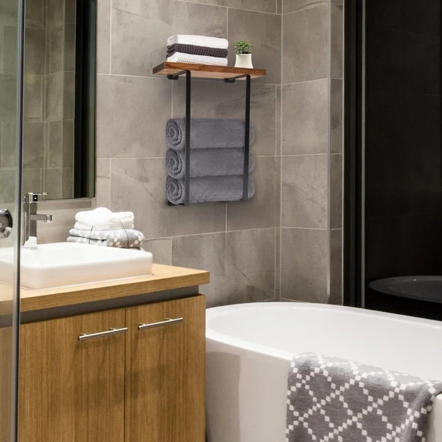 with Wood Shelf Wall Mounted Metal Bath Towel Holder Bathroom Towel Rack