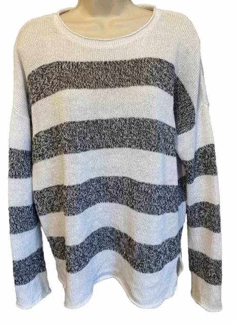 Women’s 100% Organic Linen Eileen Fisher M Pullover White/Gray Stripe Sweater. S