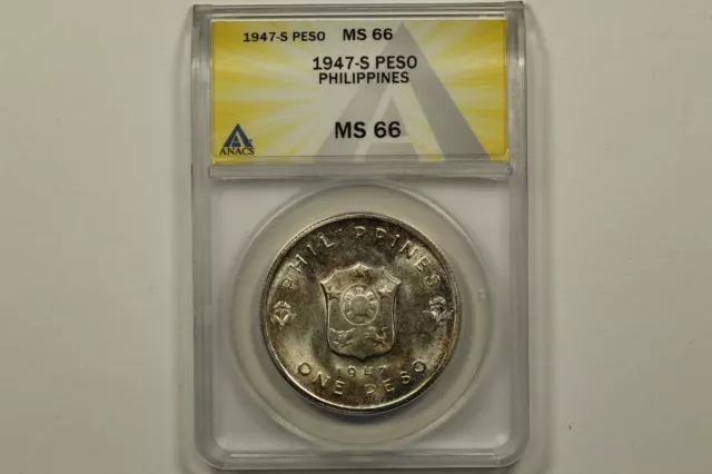 1947-S Philippines Peso Douglas MacArthur ANACS MS66 Toned