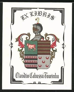 Exlibris Claudio Cabussu Tourinho, escudo de armas con casco de caballero