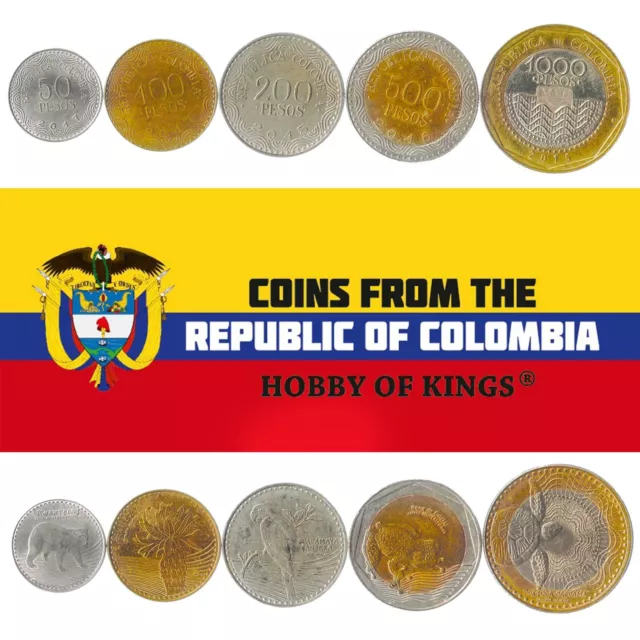 Colombian 5 Coin Set 50 100 200 500 1000 Pesos | Bear | Glass frog | 2012 - 2021