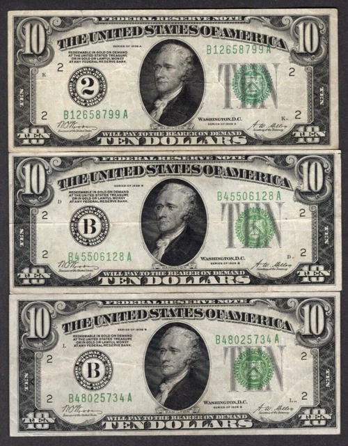 Lot of 3 1928 A-B-D $10 Ten Dollar Bills "Gold on Demand" Green Seal S499