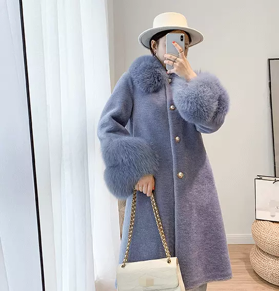 Women's Single Breasted Real Fox Fur Lapel Collar Lamb Fur Wool Long Trench Coat