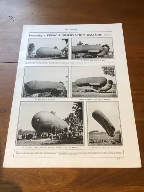 ww1 full page print from the sphere ! preparing a french observation balloon