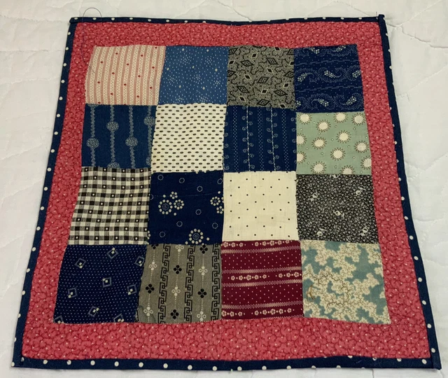 Vintage Antique Patchwork Table Topper Or Doll Quilt, Four Patch, Early Calicos