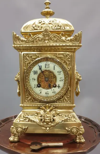 Fritz Marti Table Clock Antique C.1900 French Chiming Enamel Face Lions & Cherub