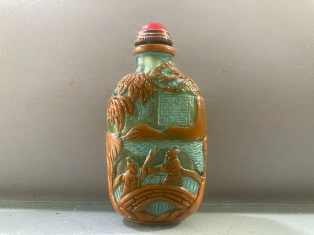 Noble Coloured glaze Double nesting carved old man scenario statue snuff bottle
