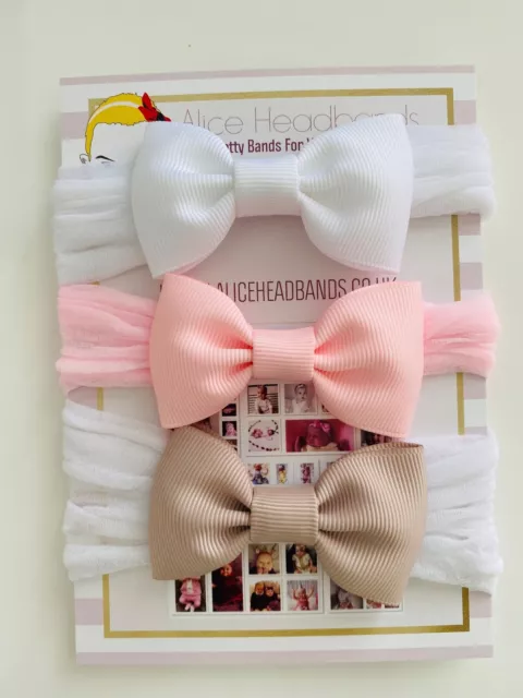 3 Baby Bow Headbands Newborn - 18 months White Pink Tan Soft Band UK Seller Girl