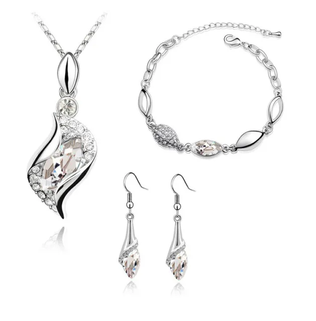 Silber Damen Schmuck Set Tropfen Auge Ohrringe Halskette Armband Kristall Neu S281