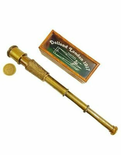 16" Nautical Antique Brass Engraved Telescope Marine Spyglass with Wooden Box