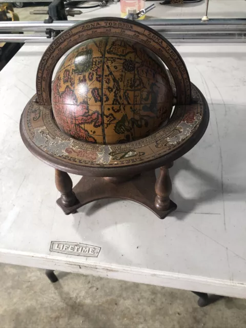 Vintage Old World Globe Wood Desktop Zodiac Astrology Zona Signs Made in Italy