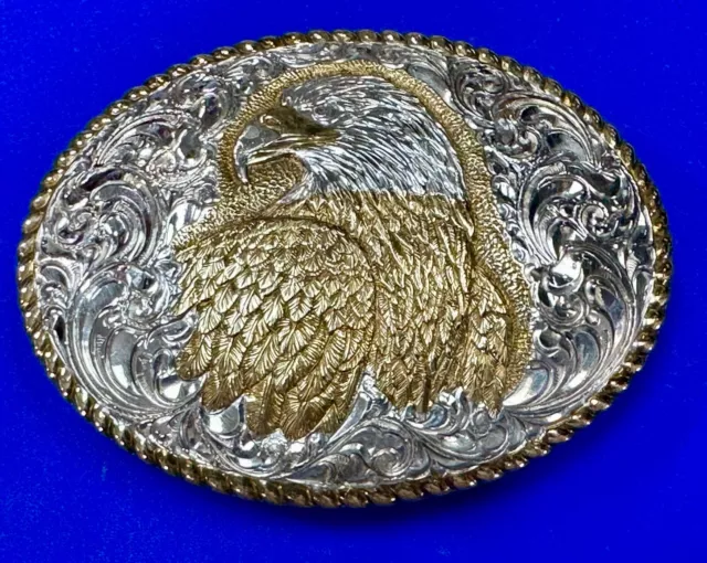 Patriotic American Bald Eagle Head western two tone ornate Crumrine belt buckle